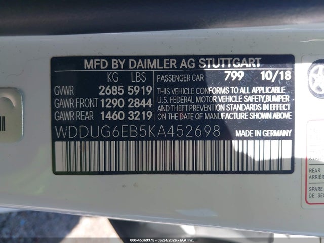 45369375 :رقم المزاد ، WDDUG6EB5KA452698 vin ، 2019 Mercedes-benz S 450 4matic مزاد بيع
