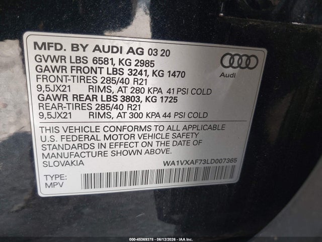 Продаж на аукціоні авто 2020 Audi Q7 Prestige 55 Tfsi Quattro Tiptronic, vin: WA1VXAF73LD007365, номер лоту: 45369378