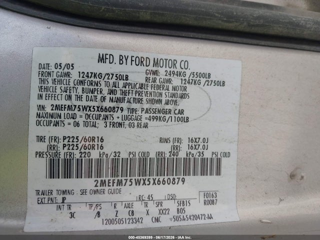 Продажа на аукционе авто 2005 Mercury Grand Marquis Ls/lse, vin: 2MEFM75WX5X660879, номер лота: 45369399
