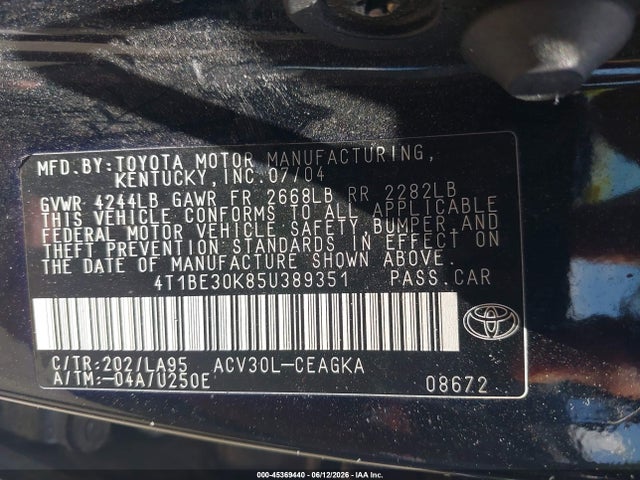 Aukcja sprzedaży 2005 Toyota Camry Xle, vin: 4T1BE30K85U389351, numer aukcji: 45369440