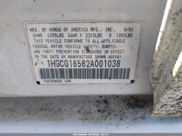 Aukcja sprzedaży 2002 Honda Accord Ex, vin: 1HGCG16562A001038, numer aukcji: 45369449
