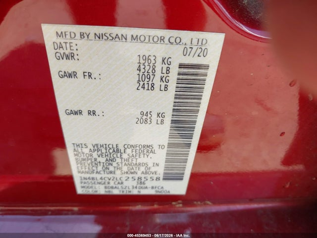1N4BL4CV2LC258558 Nissan Altima Sr Fwd