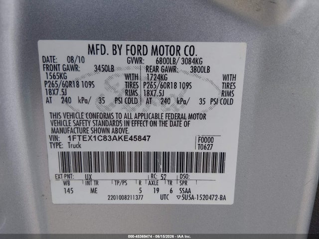 Aukcja sprzedaży 2010 Ford F-150 Fx2 Sport/stx/xl/xlt, vin: 1FTEX1C83AKE45847, numer aukcji: 45369474