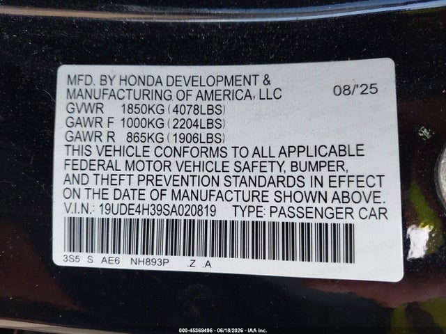 45369496 :رقم المزاد ، 19UDE4H39SA020819 vin ، 2025 Acura Integra A-spec مزاد بيع