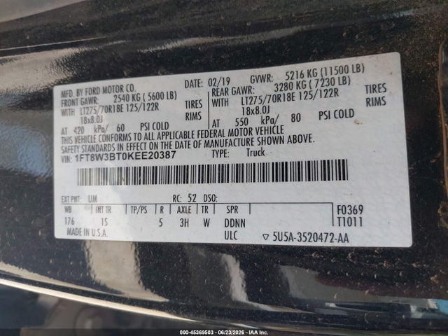 Aukcja sprzedaży 2019 Ford F-350 Xl, vin: 1FT8W3BT0KEE20387, numer aukcji: 45369503