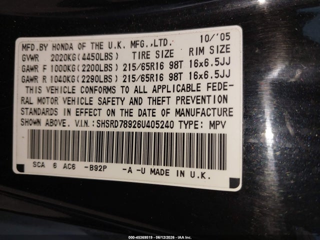 2006 Honda Cr-v Se მანქანა იყიდება აუქციონზე, vin: SHSRD78926U405240, აუქციონის ნომერი: 45369519