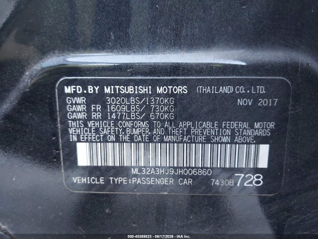Продаж на аукціоні авто 2018 Mitsubishi Mirage Es, vin: ML32A3HJ9JH006860, номер лоту: 45369523