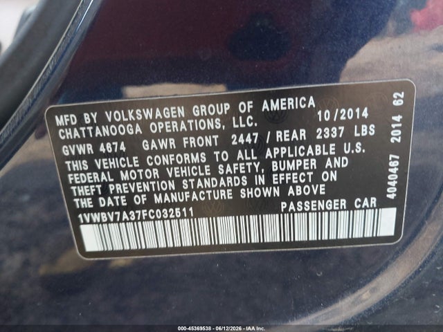 2015 Volkswagen Passat 2.0l Tdi Se მანქანა იყიდება აუქციონზე, vin: 1VWBV7A37FC032511, აუქციონის ნომერი: 45369538