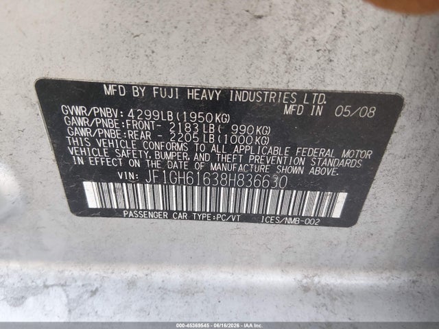 45369545 :رقم المزاد ، JF1GH61638H836630 vin ، 2008 Subaru Impreza Wagon (natl) I W/premium Pkg مزاد بيع