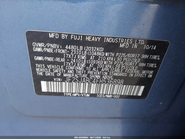 45369564 :رقم المزاد ، JF2SJABC4FH536898 vin ، 2015 Subaru Forester 2.5i مزاد بيع