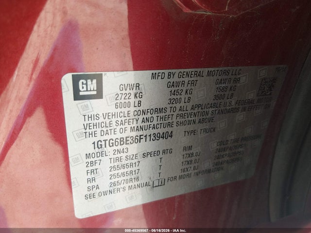 45369567 :رقم المزاد ، 1GTG6BE36F1139404 vin ، 2015 Gmc Canyon Sle مزاد بيع