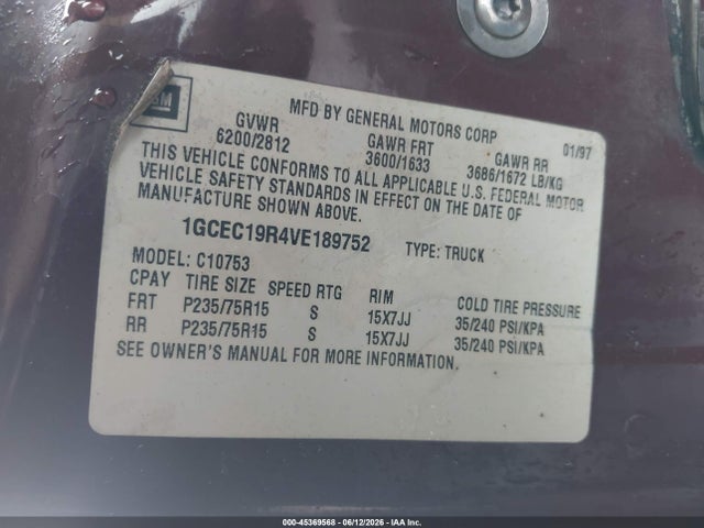 Продаж на аукціоні авто 1997 Chevrolet C1500 Fleetside, vin: 1GCEC19R4VE189752, номер лоту: 45369568