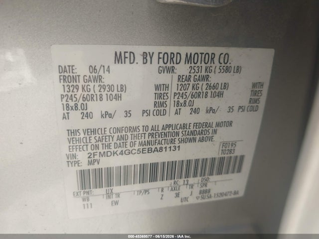 45369577 :رقم المزاد ، 2FMDK4GC5EBA81131 vin ، 2014 Ford Edge Se مزاد بيع