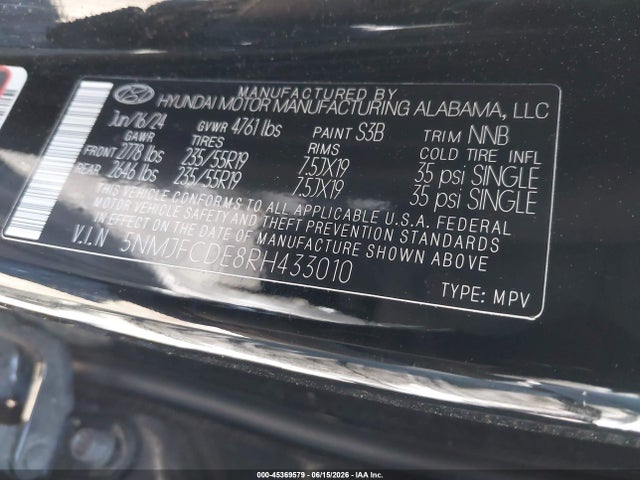 Aukcja sprzedaży 2024 Hyundai Tucson Sel, vin: 5NMJFCDE8RH433010, numer aukcji: 45369579