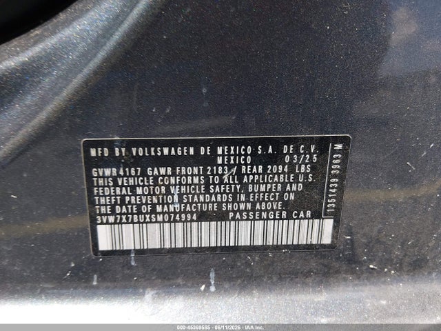 Aukcja sprzedaży 2025 Volkswagen Jetta 1.5t Se, vin: 3VW7X7BUXSM074994, numer aukcji: 45369585