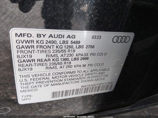 45369609 :رقم المزاد ، WA1EAAFY0P2123683 vin ، 2023 Audi Q5 Premium Plus 45 Tfsi S Line Quattro مزاد بيع