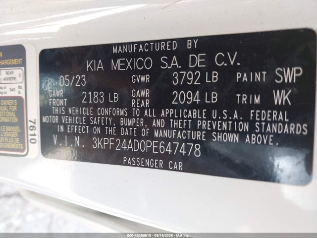 Продаж на аукціоні авто 2023 Kia Forte Lxs, vin: 3KPF24AD0PE647478, номер лоту: 45369619