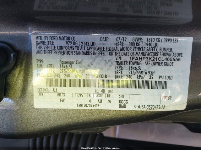 2012 Ford Focus Se მანქანა იყიდება აუქციონზე, vin: 1FAHP3K21CL465555, აუქციონის ნომერი: 45369632