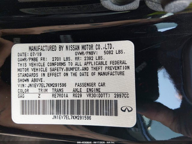 Aukcja sprzedaży 2019 Infiniti Q60 3.0t Luxe, vin: JN1EV7EL7KM291596, numer aukcji: 45369646