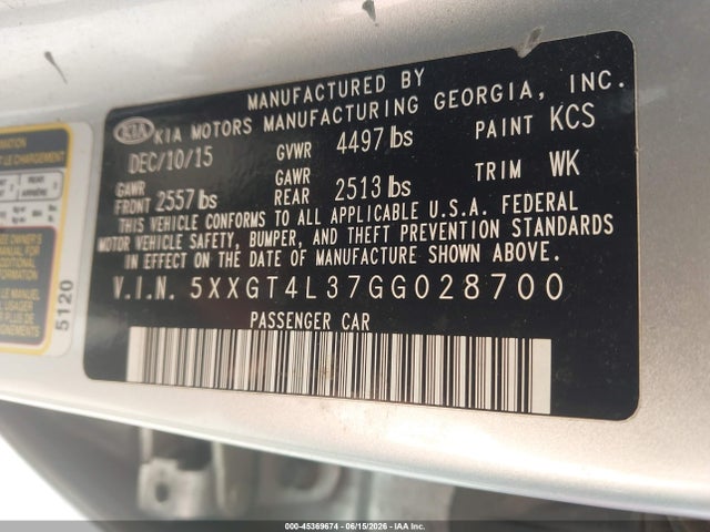 45369674 :رقم المزاد ، 5XXGT4L37GG028700 vin ، 2016 Kia Optima Lx مزاد بيع