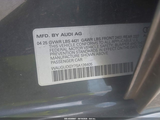 2025 Audi A3 Premium 40 Tfsi Quattro S Tronic მანქანა იყიდება აუქციონზე, vin: WAUGUDGY7SA126405, აუქციონის ნომერი: 45369697