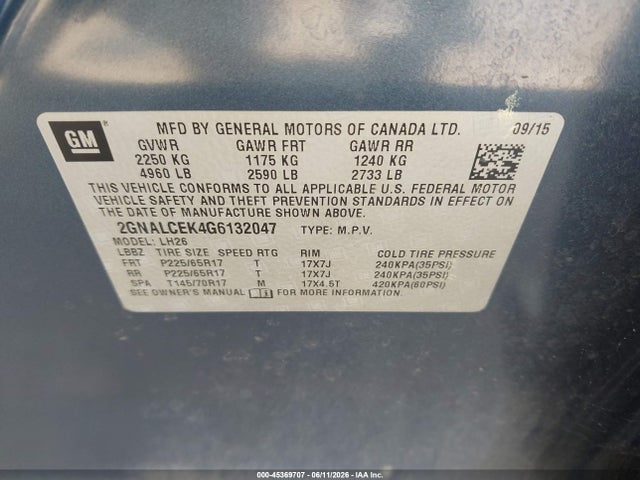 Продаж на аукціоні авто 2016 Chevrolet Equinox Lt, vin: 2GNALCEK4G6132047, номер лоту: 45369707