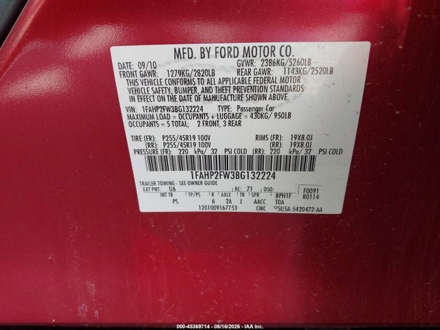 45369714 :رقم المزاد ، 1FAHP2FW3BG132224 vin ، 2011 Ford Taurus Limited مزاد بيع