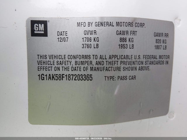 Aukcja sprzedaży 2008 Chevrolet Cobalt Ls, vin: 1G1AK58F187203365, numer aukcji: 45369728