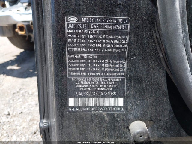 2013 Land Rover Range Rover Sport Hse მანქანა იყიდება აუქციონზე, vin: SALSK2D46DA781966, აუქციონის ნომერი: 45369752