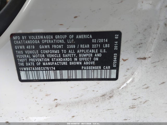 Aukcja sprzedaży 2014 Volkswagen Passat 1.8t Se, vin: 1VWBS7A30EC075174, numer aukcji: 45369755