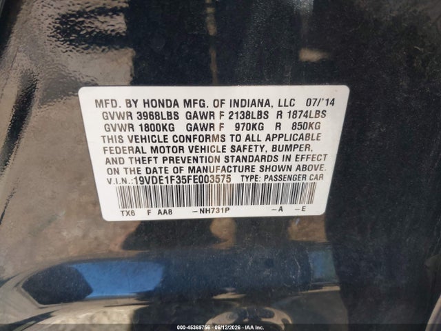 45369756 :رقم المزاد ، 19VDE1F35FE003575 vin ، 2015 Acura Ilx 2.0l مزاد بيع