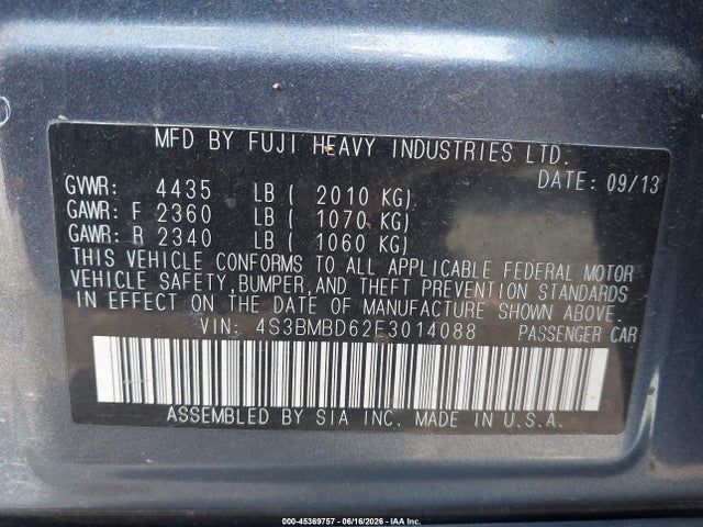 Продаж на аукціоні авто 2014 Subaru Legacy 2.5i Premium, vin: 4S3BMBD62E3014088, номер лоту: 45369757