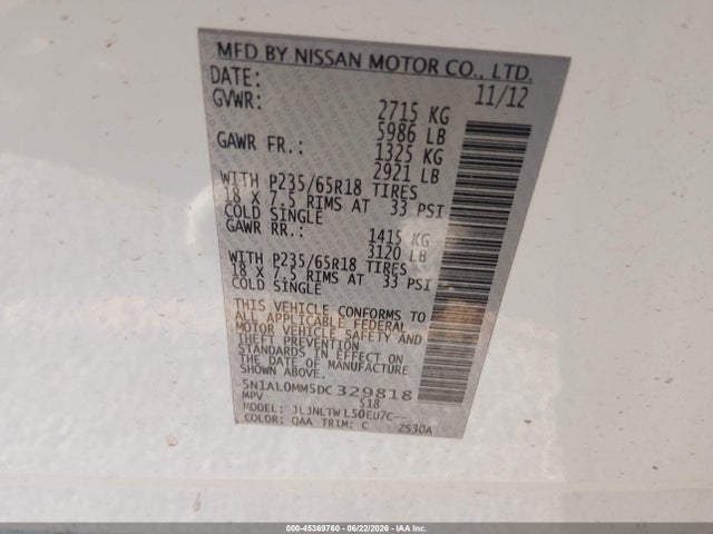 Aukcja sprzedaży 2013 Infiniti Jx35, vin: 5N1AL0MM5DC329818, numer aukcji: 45369760