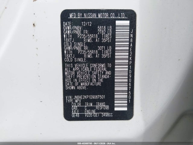 Продажа на аукционе авто 2013 Nissan Quest Sl, vin: JN8AE2KP1D9067501, номер лота: 45369780