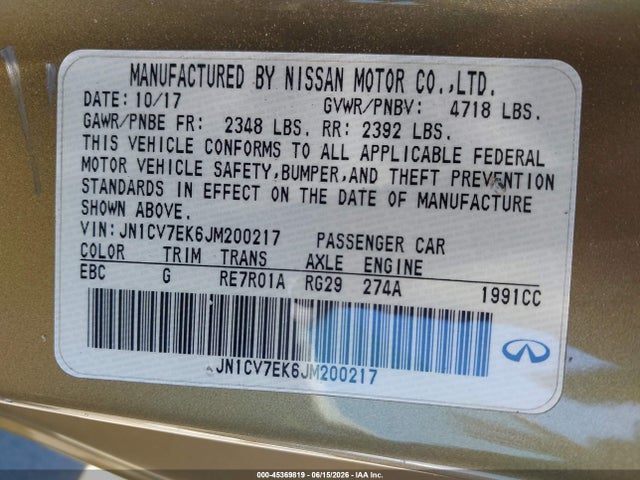 Aukcja sprzedaży 2018 Infiniti Q60 2.0t Pure, vin: JN1CV7EK6JM200217, numer aukcji: 45369819