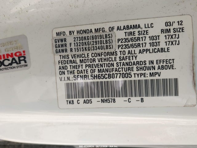 2012 Honda Odyssey Ex-l მანქანა იყიდება აუქციონზე, vin: 5FNRL5H65CB077005, აუქციონის ნომერი: 45369824