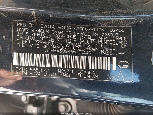 Продажа на аукционе авто 2006 Lexus Es 330, vin: JTHBA30G465175222, номер лота: 45369841