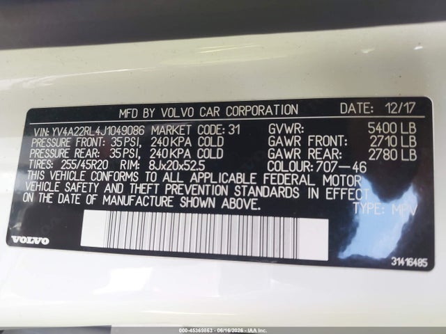 Aukcja sprzedaży 2018 Volvo Xc60 T6 Inscription, vin: YV4A22RL4J1049086, numer aukcji: 45369863