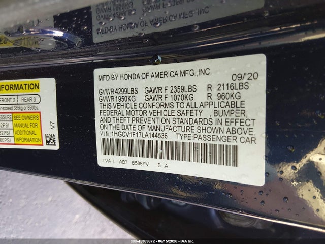 Aukcja sprzedaży 2020 Honda Accord Lx, vin: 1HGCV1F17LA144536, numer aukcji: 45369872