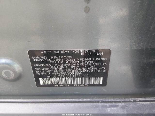Aukcja sprzedaży 2009 Subaru Forester 2.5x, vin: JF2SH63619H771202, numer aukcji: 45369884