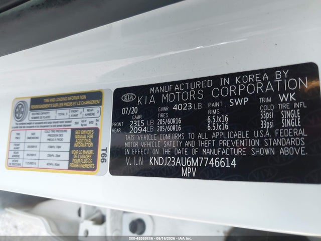 Aukcja sprzedaży 2021 Kia Soul S, vin: KNDJ23AU6M7746614, numer aukcji: 45369886