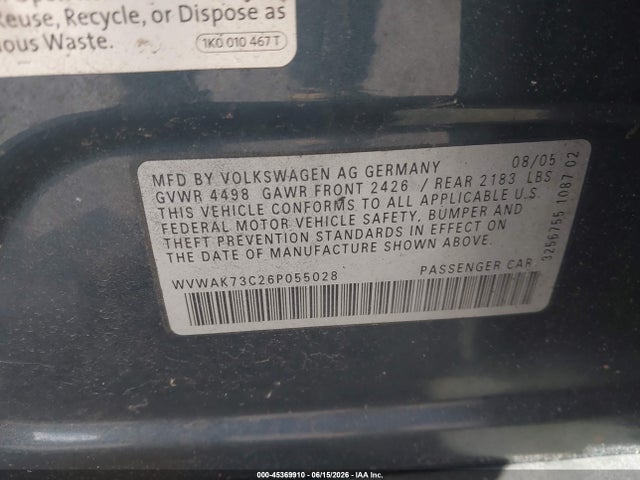 2006 Volkswagen Passat 2.0t/value Edition მანქანა იყიდება აუქციონზე, vin: WVWAK73C26P055028, აუქციონის ნომერი: 45369910