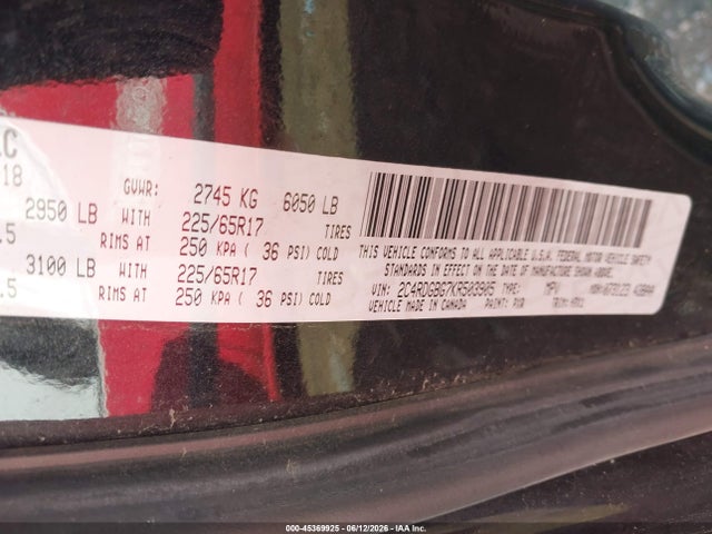 45369925 :رقم المزاد ، 2C4RDGBG7KR503905 vin ، 2019 Dodge Grand Caravan Se مزاد بيع