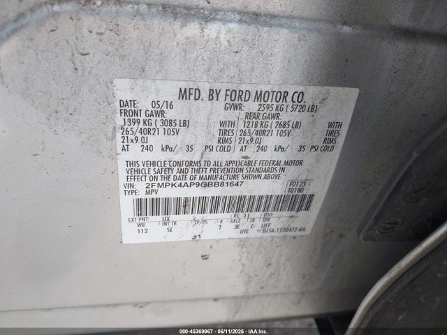 Ford EDGE SPORT 2016 2FMPK4AP9GBB81647 Image 9