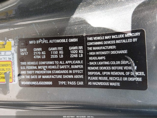 Aukcja sprzedaży 2018 Buick Cascada Premium, vin: W04WH3N53JG026698, numer aukcji: 45370001