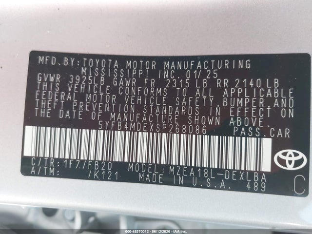 Aukcja sprzedaży 2025 Toyota Corolla Le, vin: 5YFB4MDEXSP268086, numer aukcji: 45370012