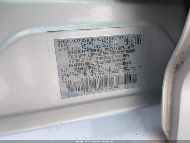 Продаж на аукціоні авто 2021 Nissan Sentra Sv Xtronic Cvt, vin: 3N1AB8CV2MY301081, номер лоту: 45370013