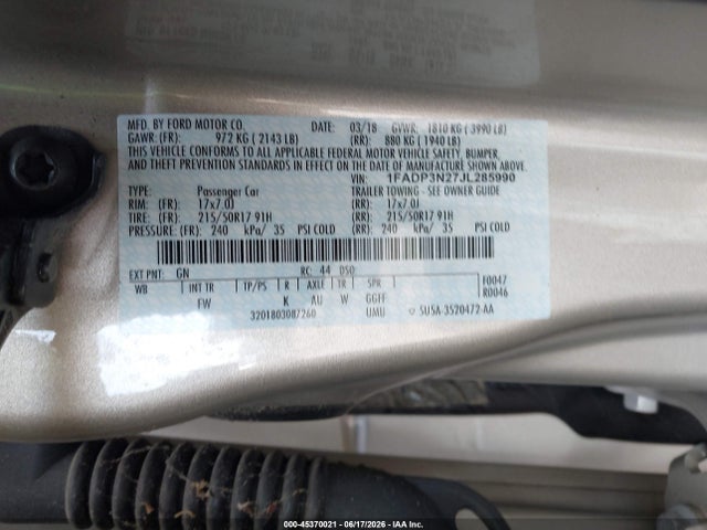 Aukcja sprzedaży 2018 Ford Focus Titanium, vin: 1FADP3N27JL285990, numer aukcji: 45370021