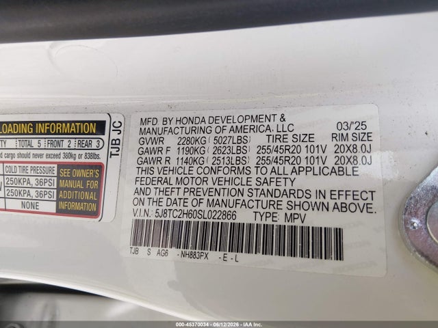 45370034 :رقم المزاد ، 5J8TC2H60SL022866 vin ، 2025 Acura Rdx A-spec مزاد بيع