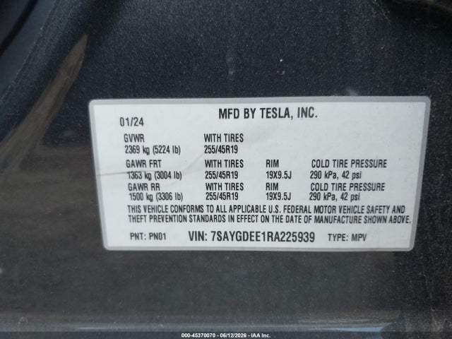 45370070 :رقم المزاد ، 7SAYGDEE1RA225939 vin ، 2024 Tesla Model Y Long Range Dual Motor All-wheel Drive مزاد بيع